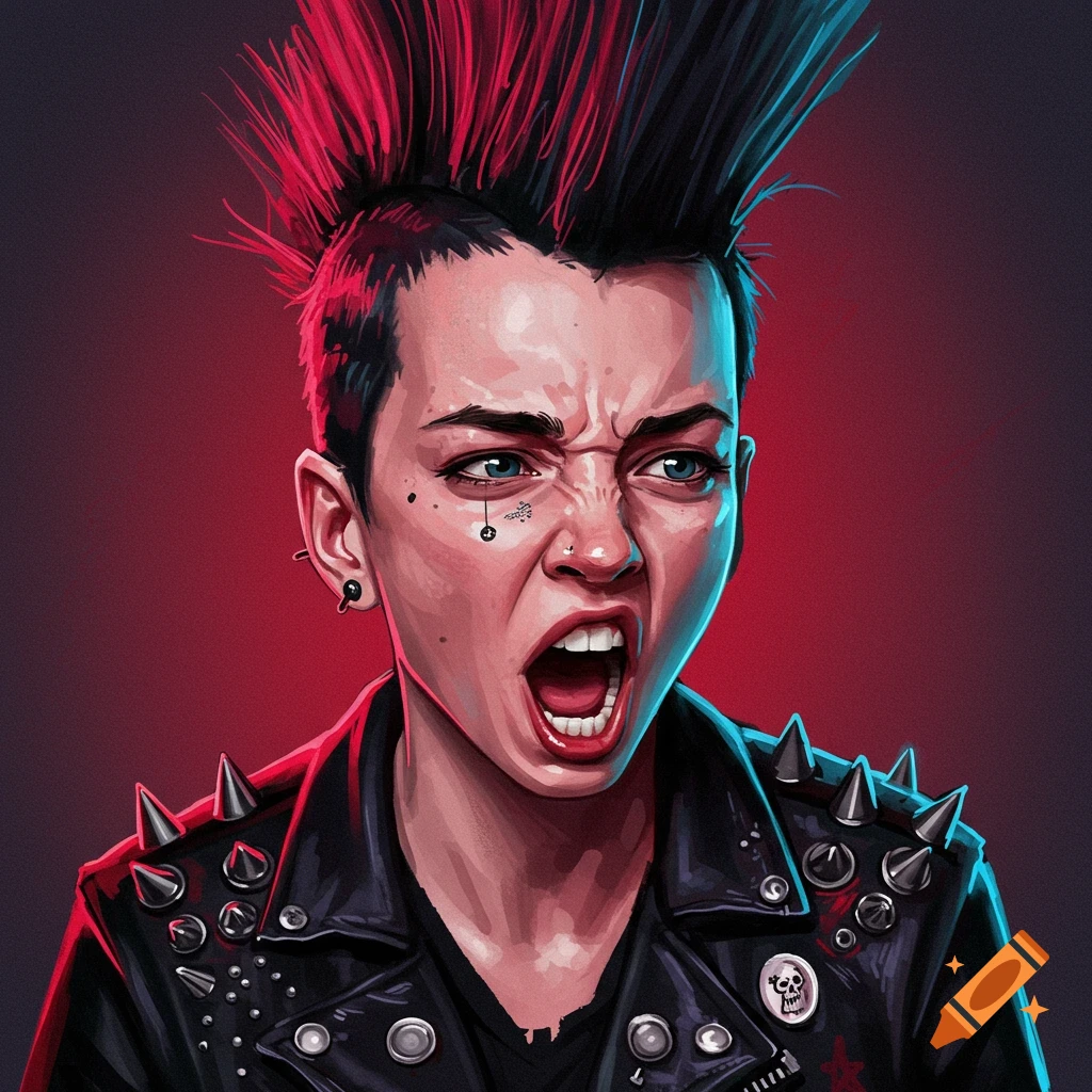 Portrait of a shouting person with a mohawk and punk jacket