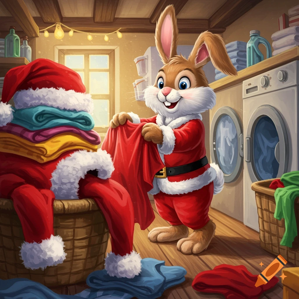 A cartoon Easter Bunny in a Santa suit does laundry in a cozy room