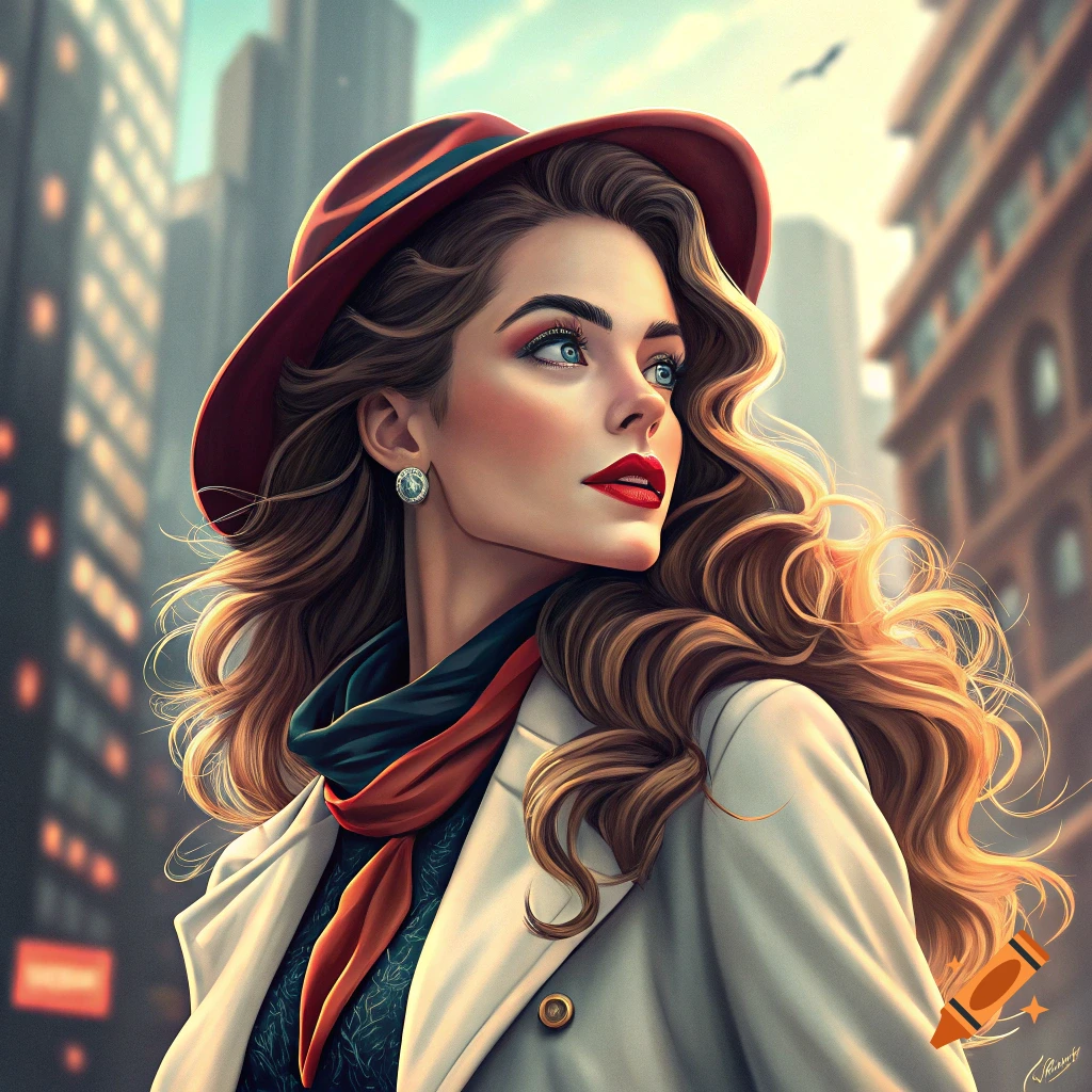Stylish woman in red hat and white coat looks up in a city