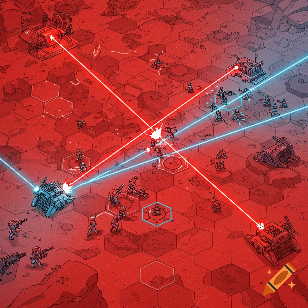 Top-down view of a hex-grid sci-fi strategy game battlefield with red and blue units and laser beams.