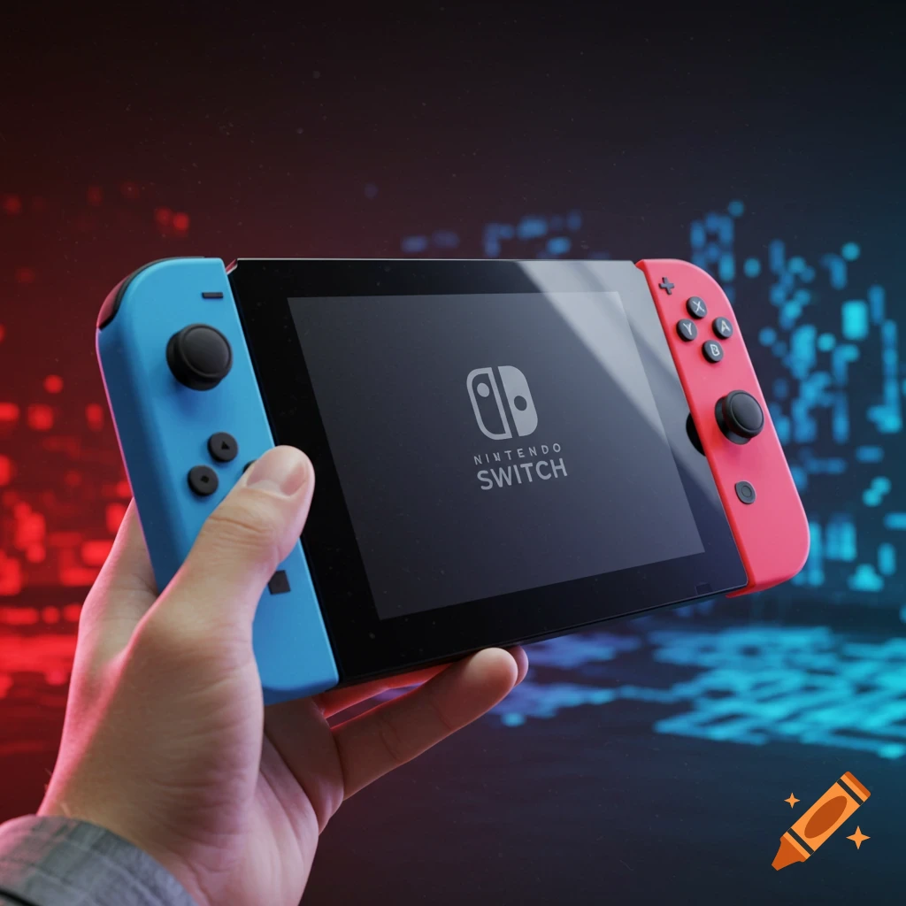 A hand holds a Nintendo Switch console with blue and red Joy-Cons, screen showing the logo, against a dark digital background.