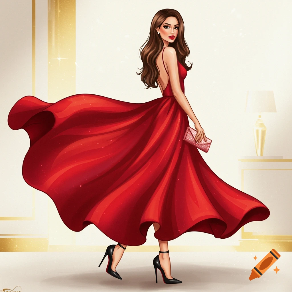 A woman is depicted in a flowing red dress, black high heels, and carrying a clutch.
