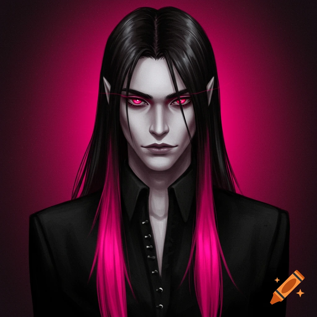 Portrait of a person with pale skin, red eyes, and long black hair with hot pink streaks.