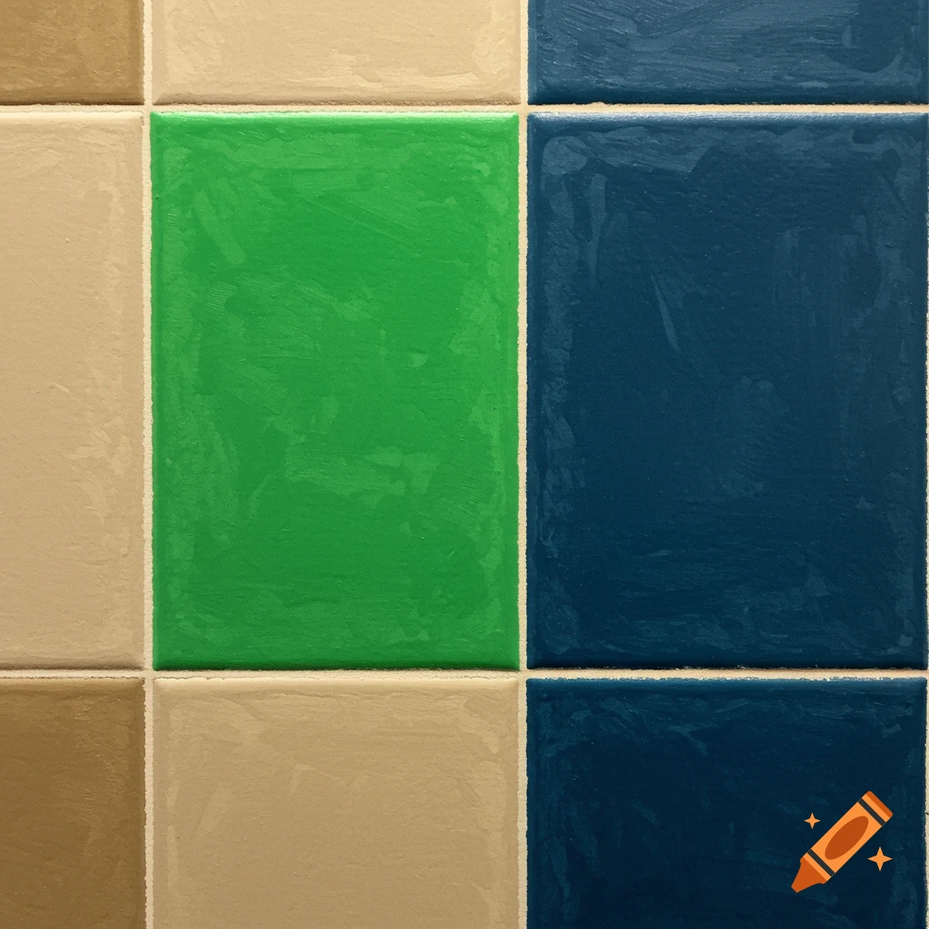 Close-up of beige, brown, green, and blue rectangular tiles.