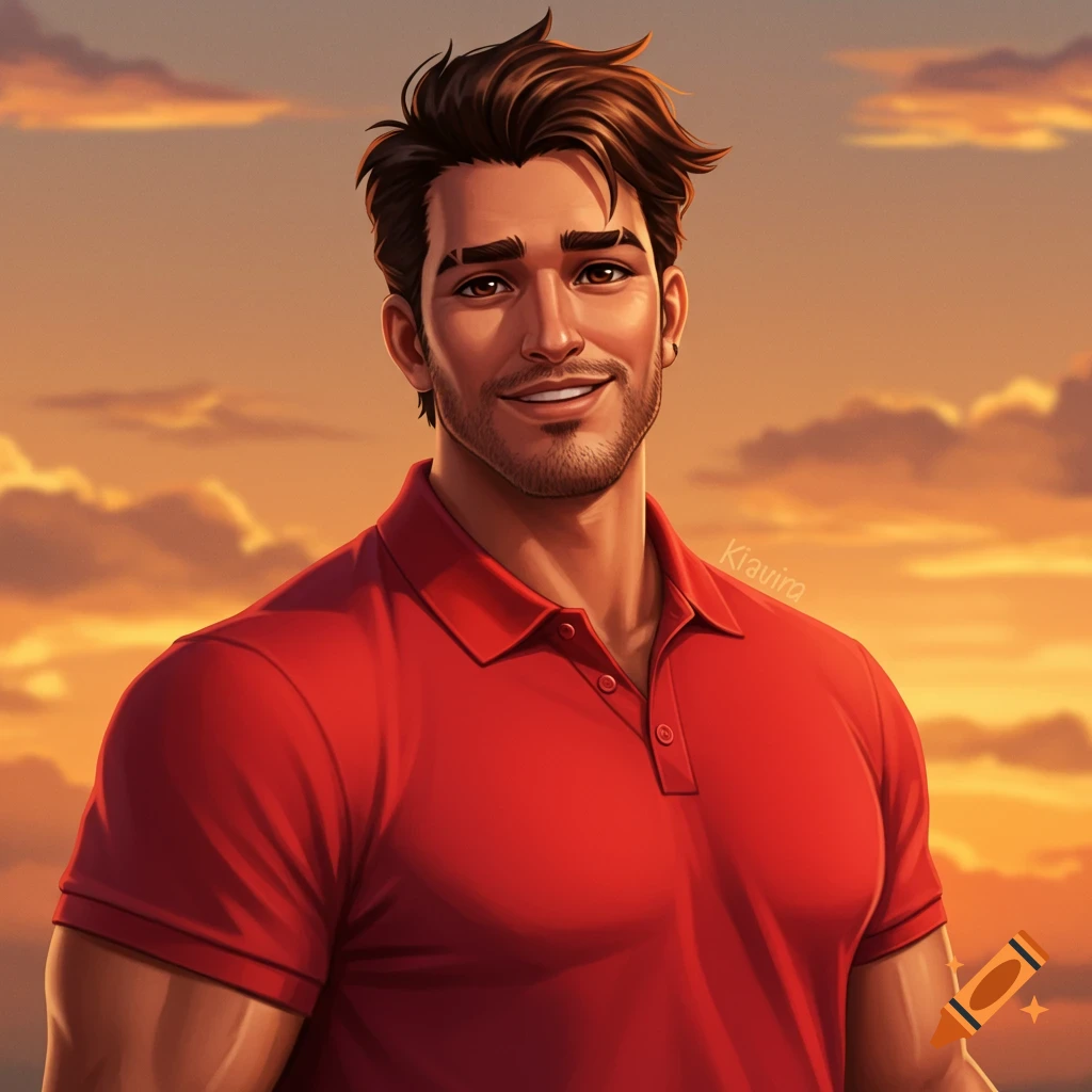 A man in a red polo shirt is smiling in front of a sunset.