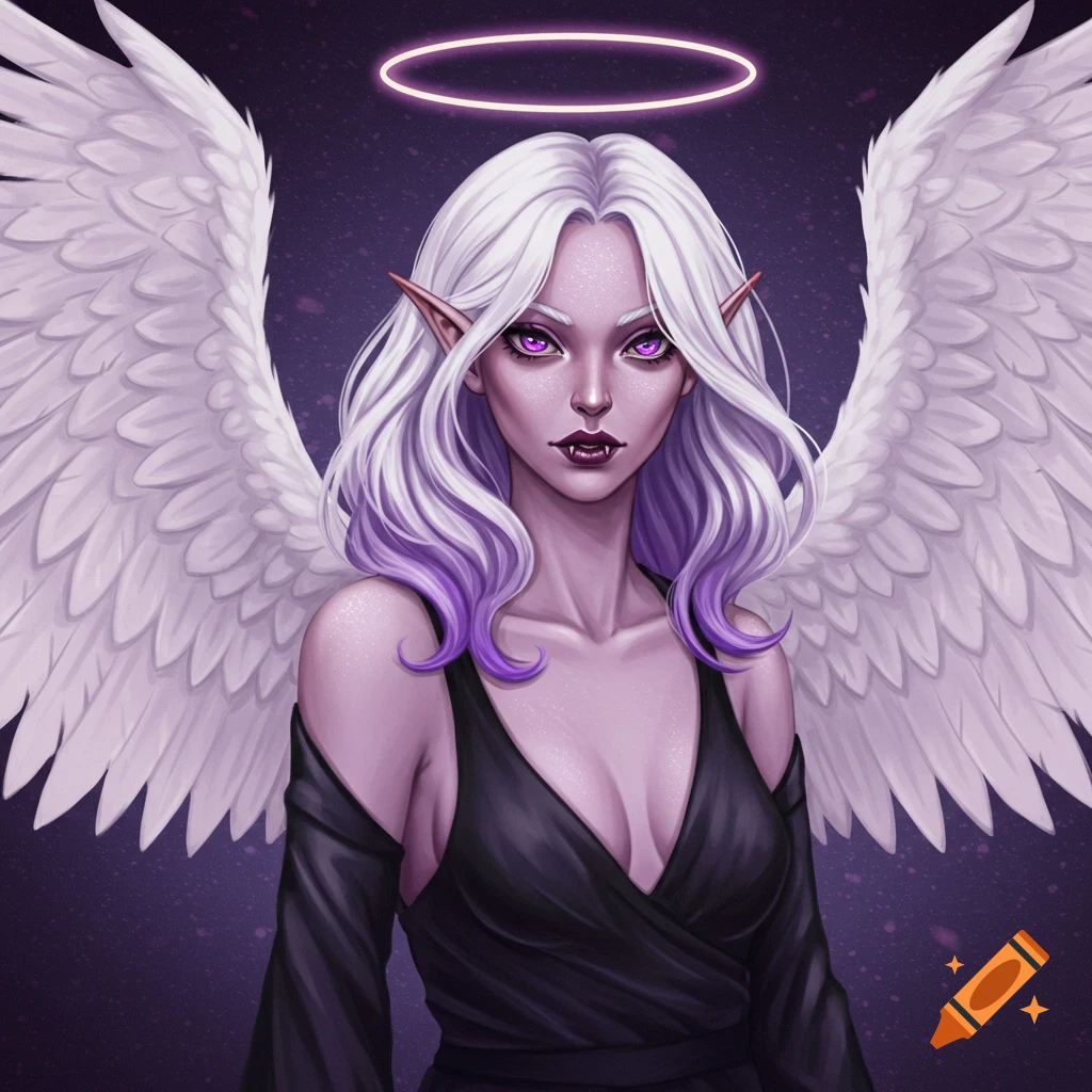 A fantasy female character with purple skin, white wings, halo, and fangs.
