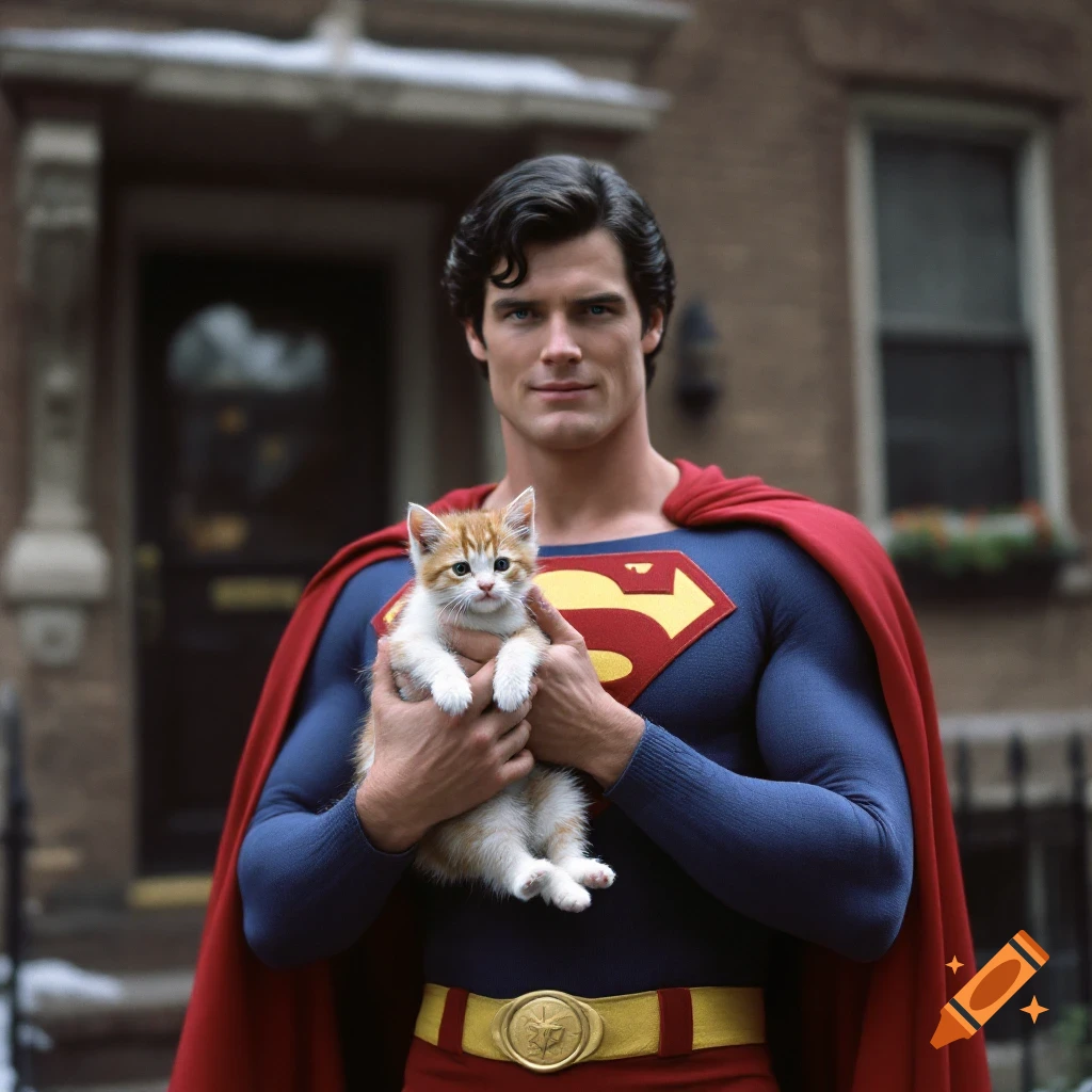 Superman holding a small ginger and white kitten outside a brick building