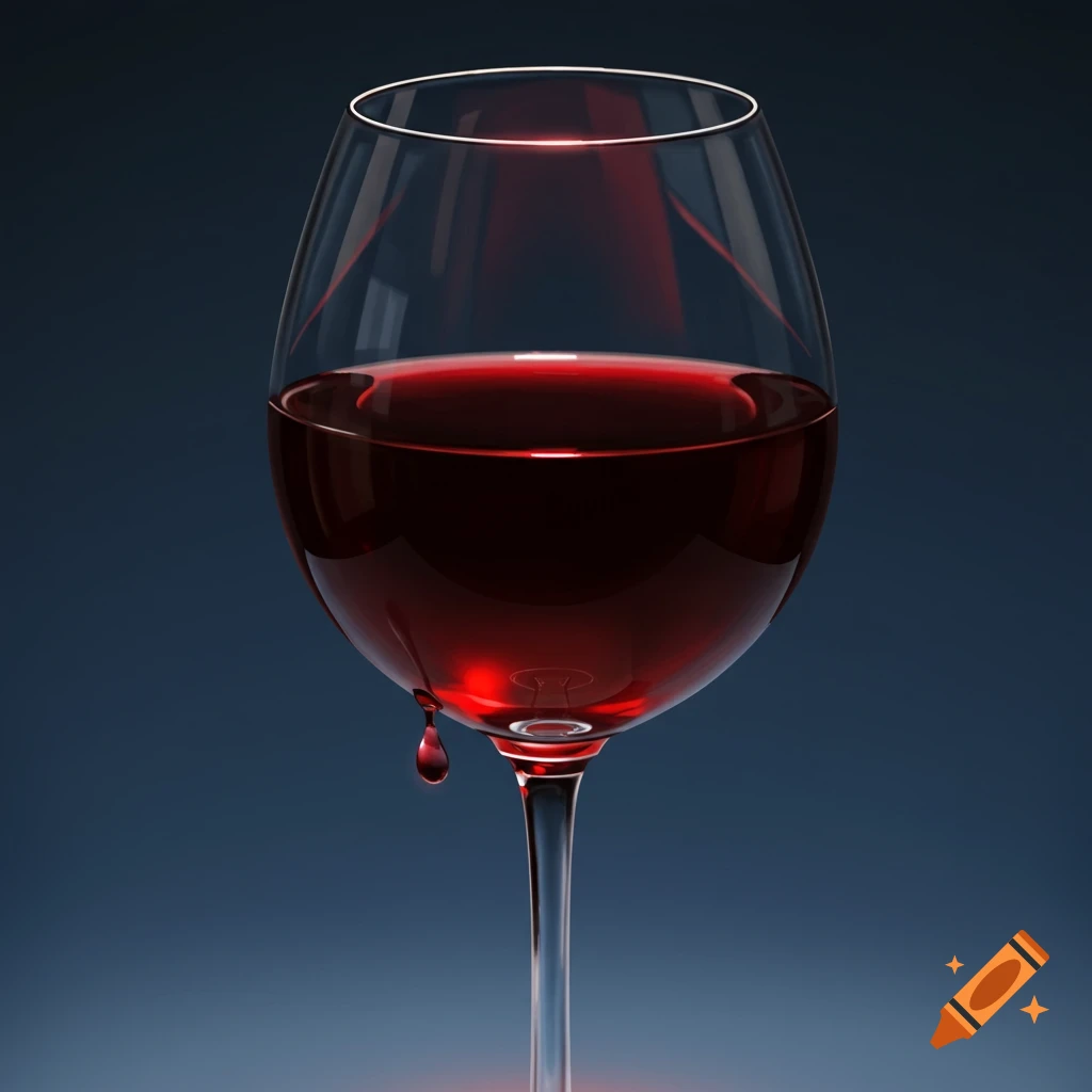 Close-up of a wine glass with red wine, a drop dripping from the side.