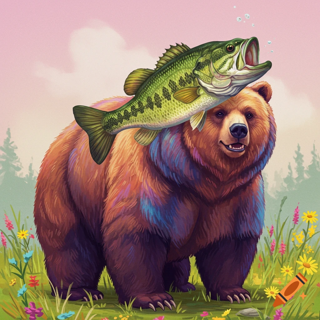 A brown bear stands in a field of flowers with a large bass fish on its head.