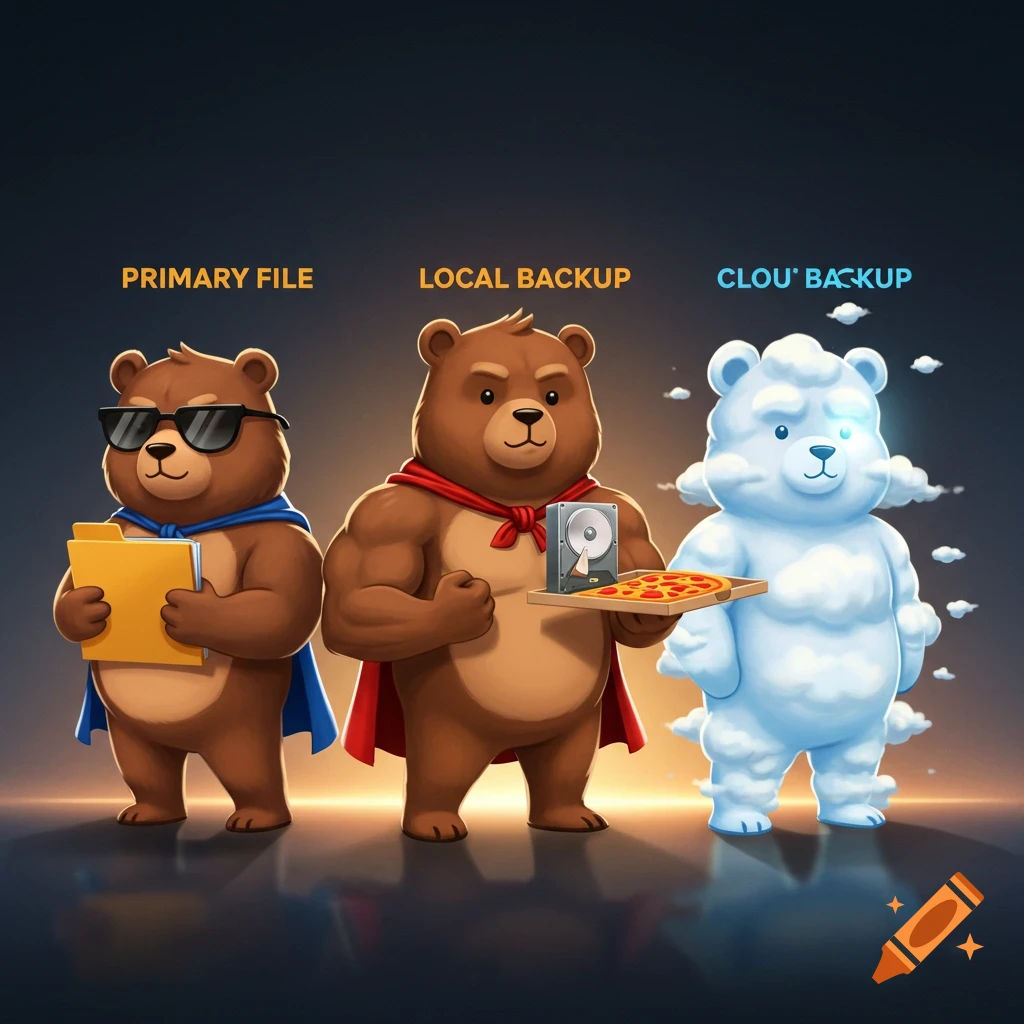 Cartoon illustration of three superhero bears representing data storage: one with a folder (Primary File), one with a hard drive (Local Backup), and one made of clouds (Cloud Backup).