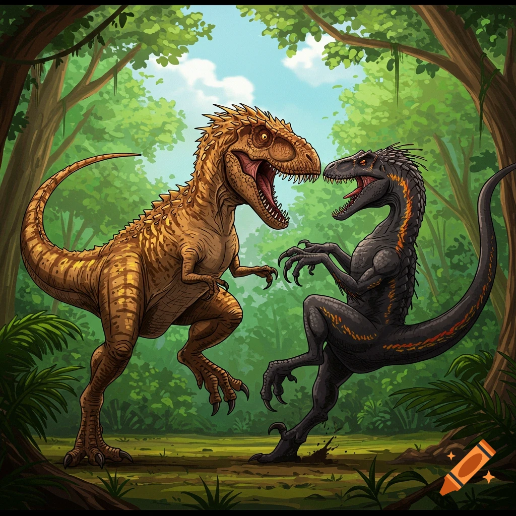 Two cartoon dinosaurs, an orange one and a black one, facing off in a jungle.