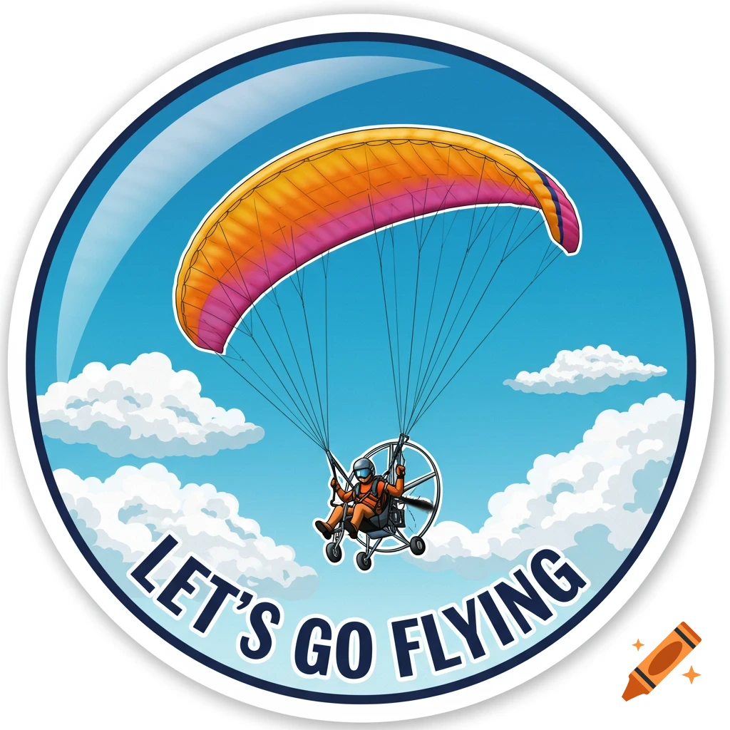 A round sticker illustration of a paramotorist flying with the text Let's Go Flying.