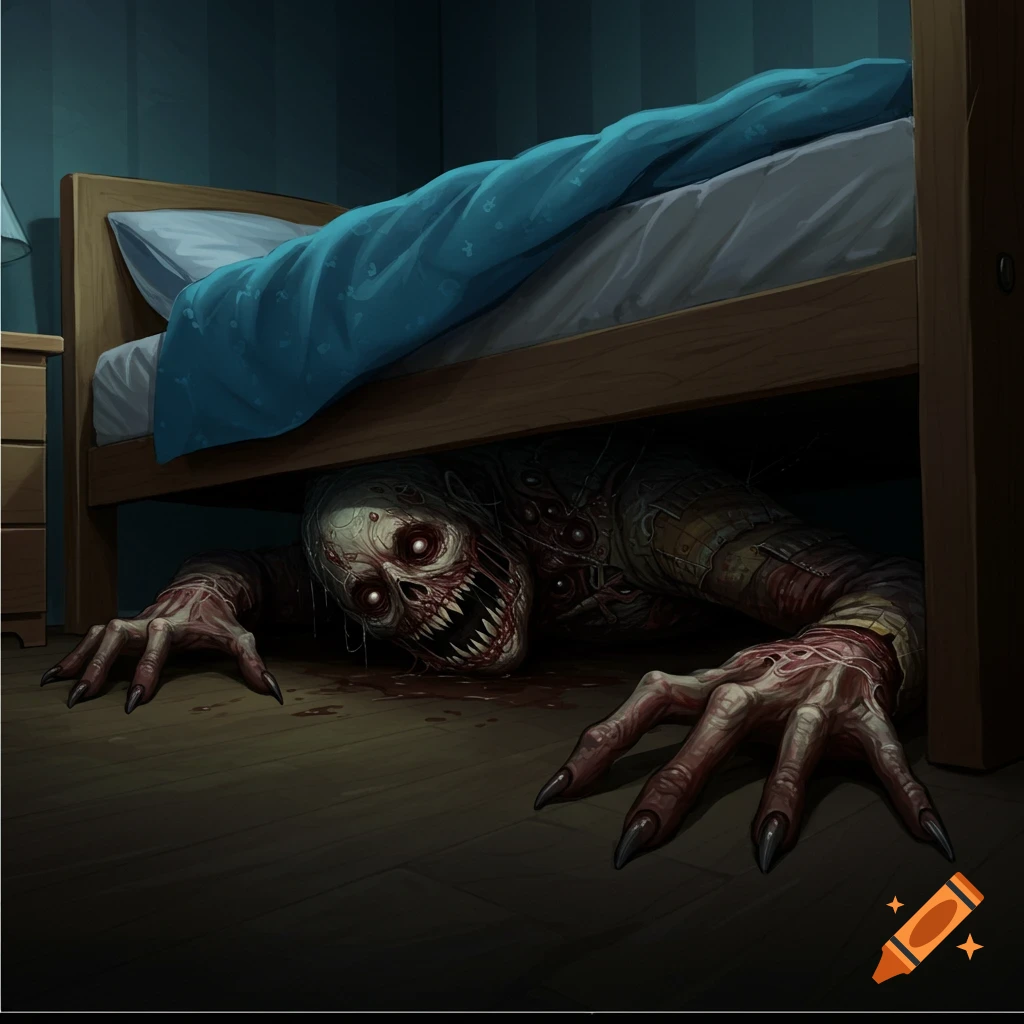 A monstrous creature with sharp teeth and claws crawls from under a bed in a dark room.