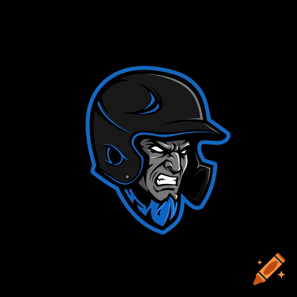 Stylized logo of a fierce face wearing a baseball helmet against a black background