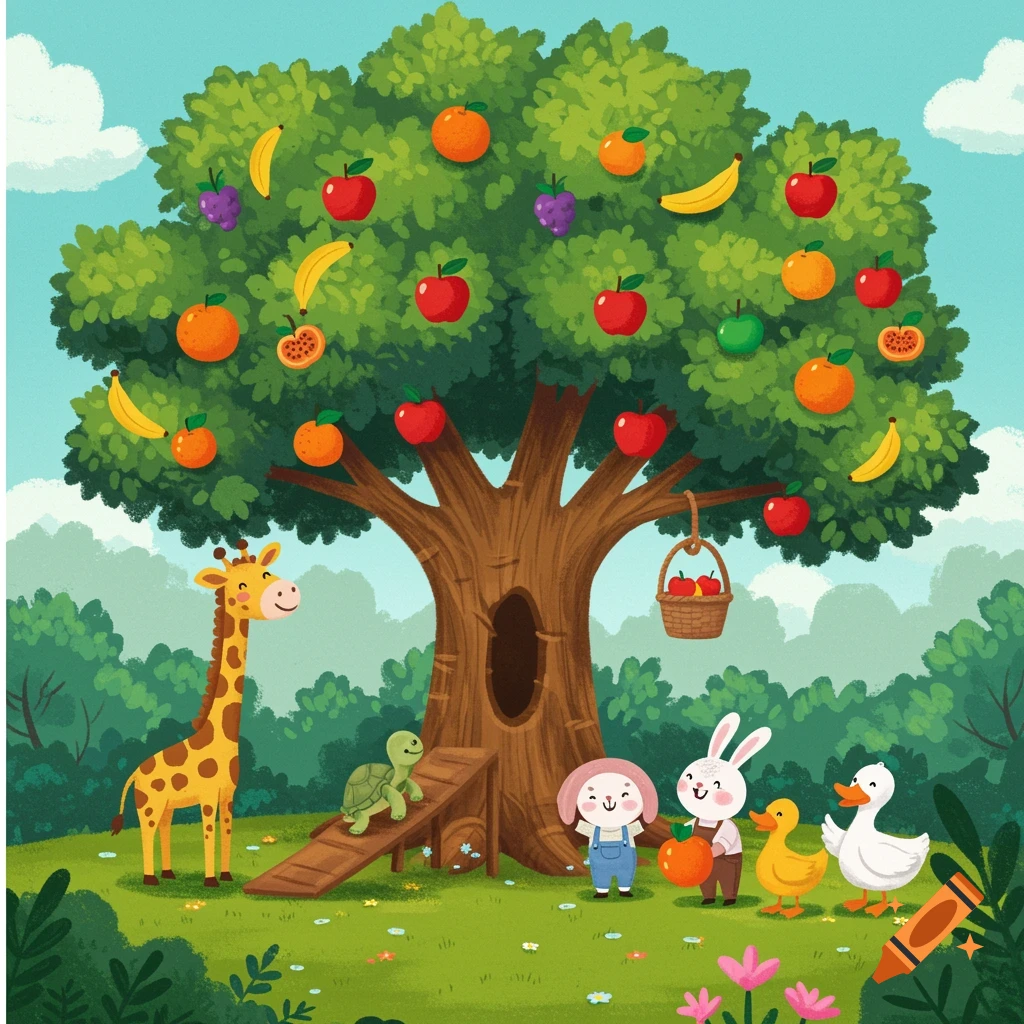 Cartoon illustration of animals near a fruit tree