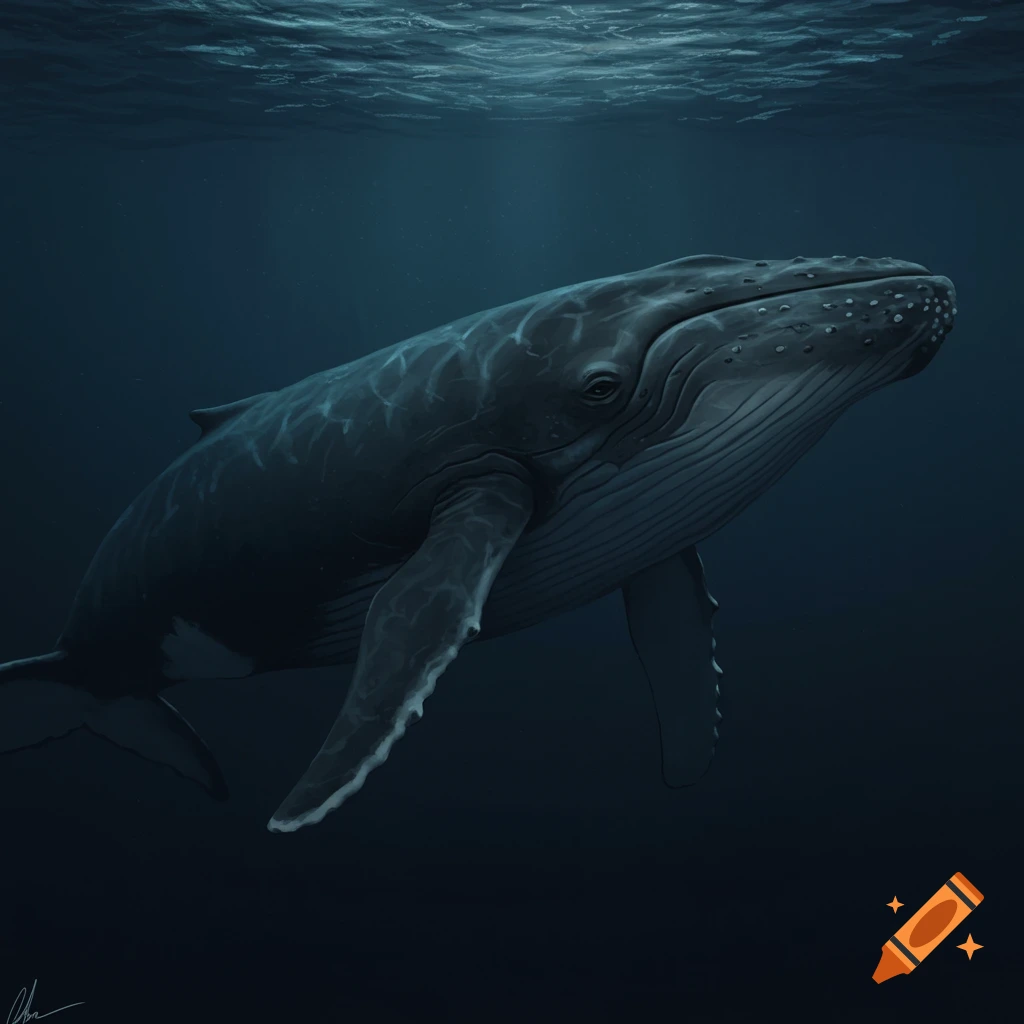 A humpback whale swimming in dark ocean water with light rays from above.