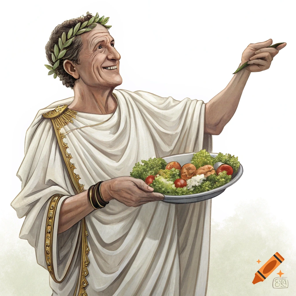 Illustration of a man in a Roman toga and laurel wreath holding a large salad.