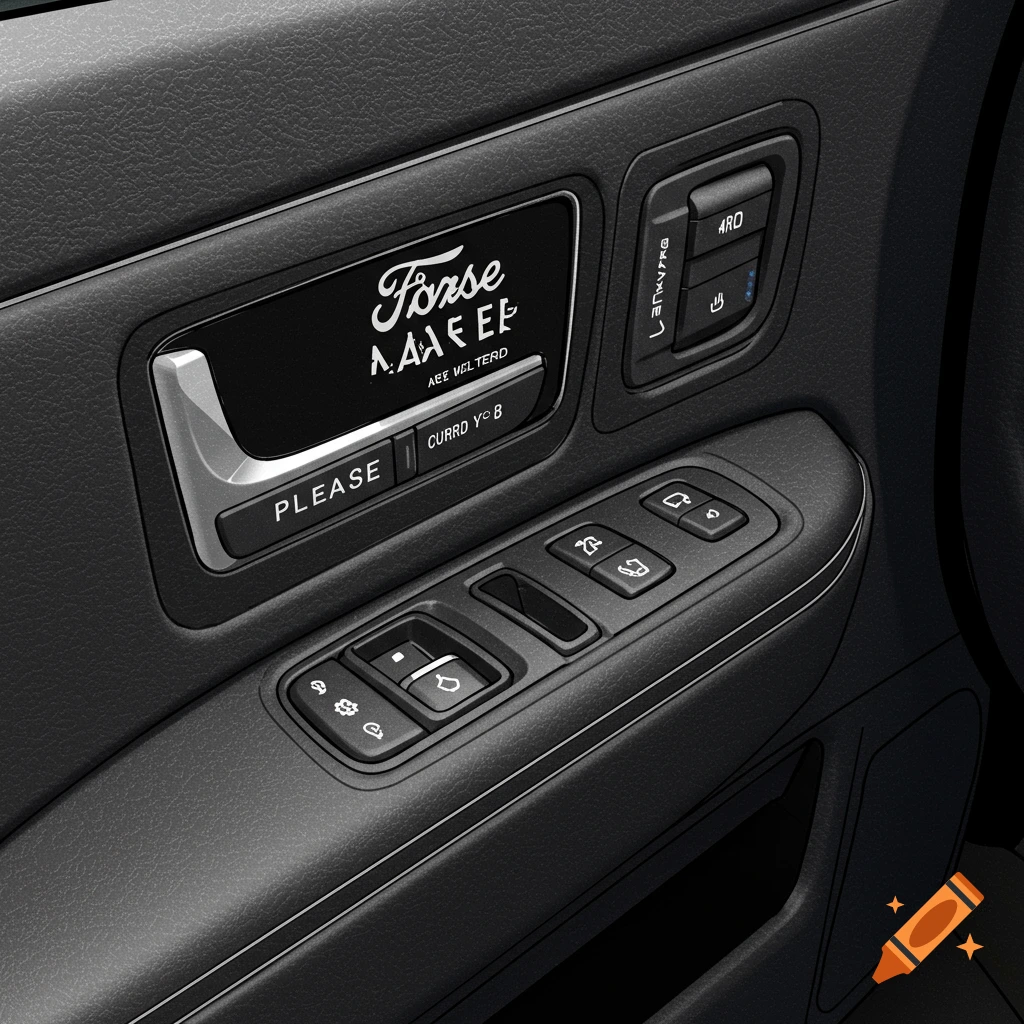 Close-up view of a car door panel with handle, window controls, and buttons.