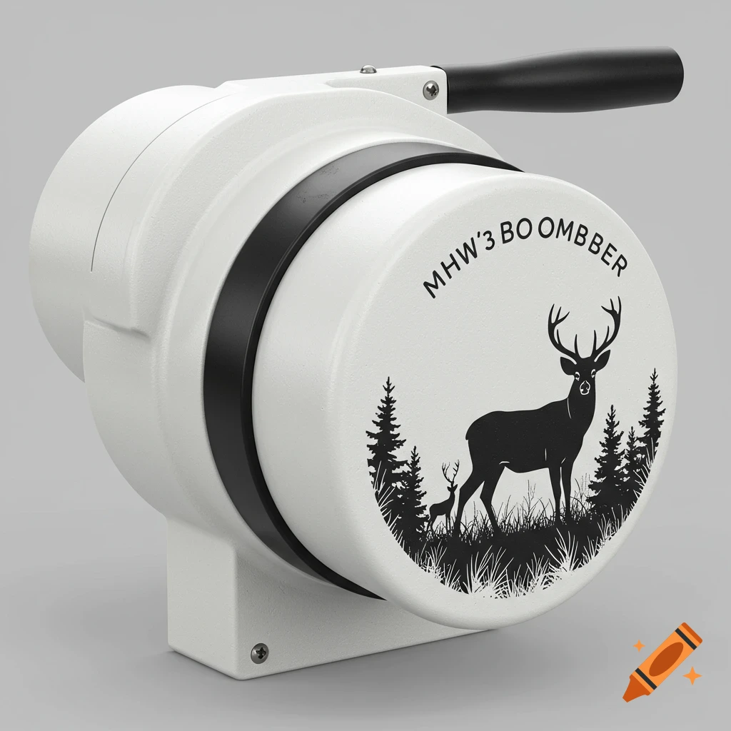 A white hand coffee grinder with a black band featuring a black silhouette design of deer and a forest, rendered against a gray background.