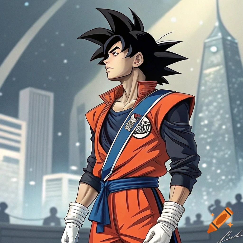 Stylized anime character resembling Goku with Michael Jackson elements stands in an urban setting