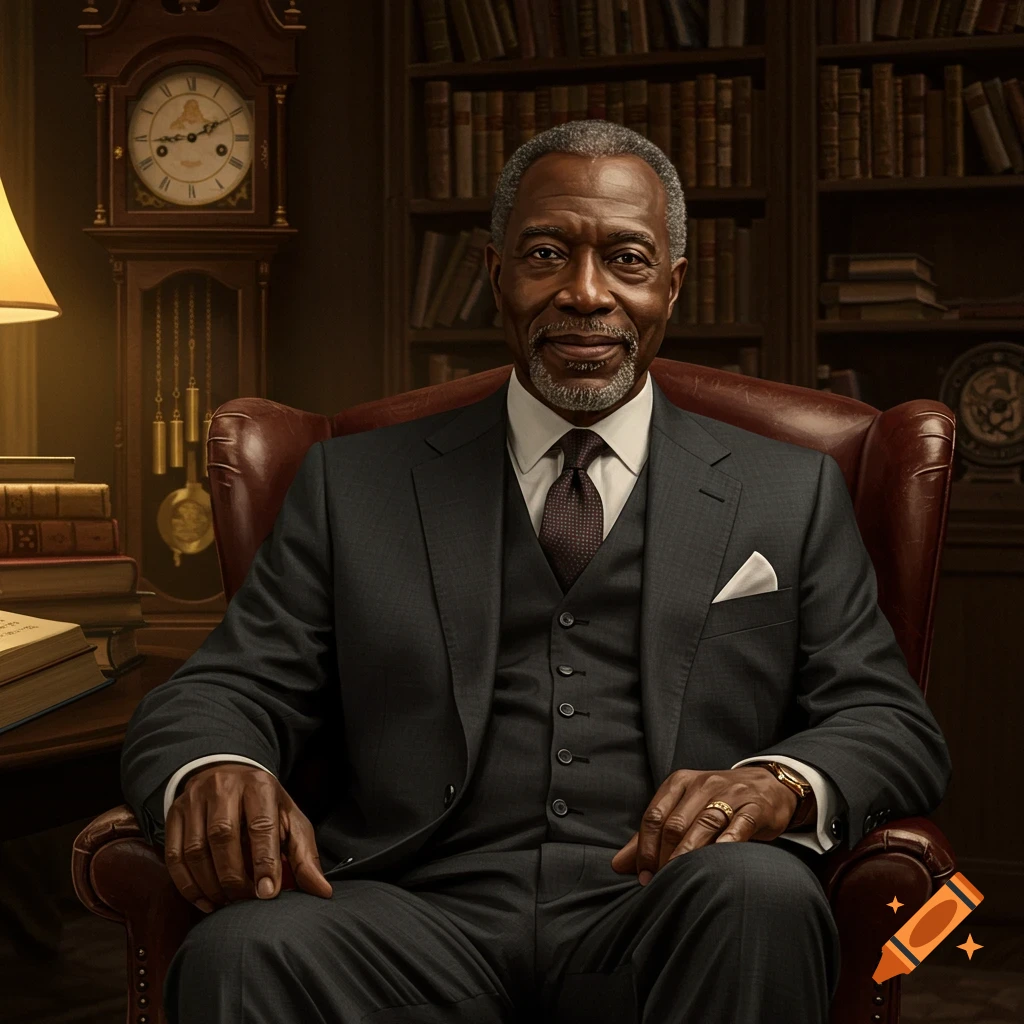 An older Black man in a suit sits in a leather chair in a library.