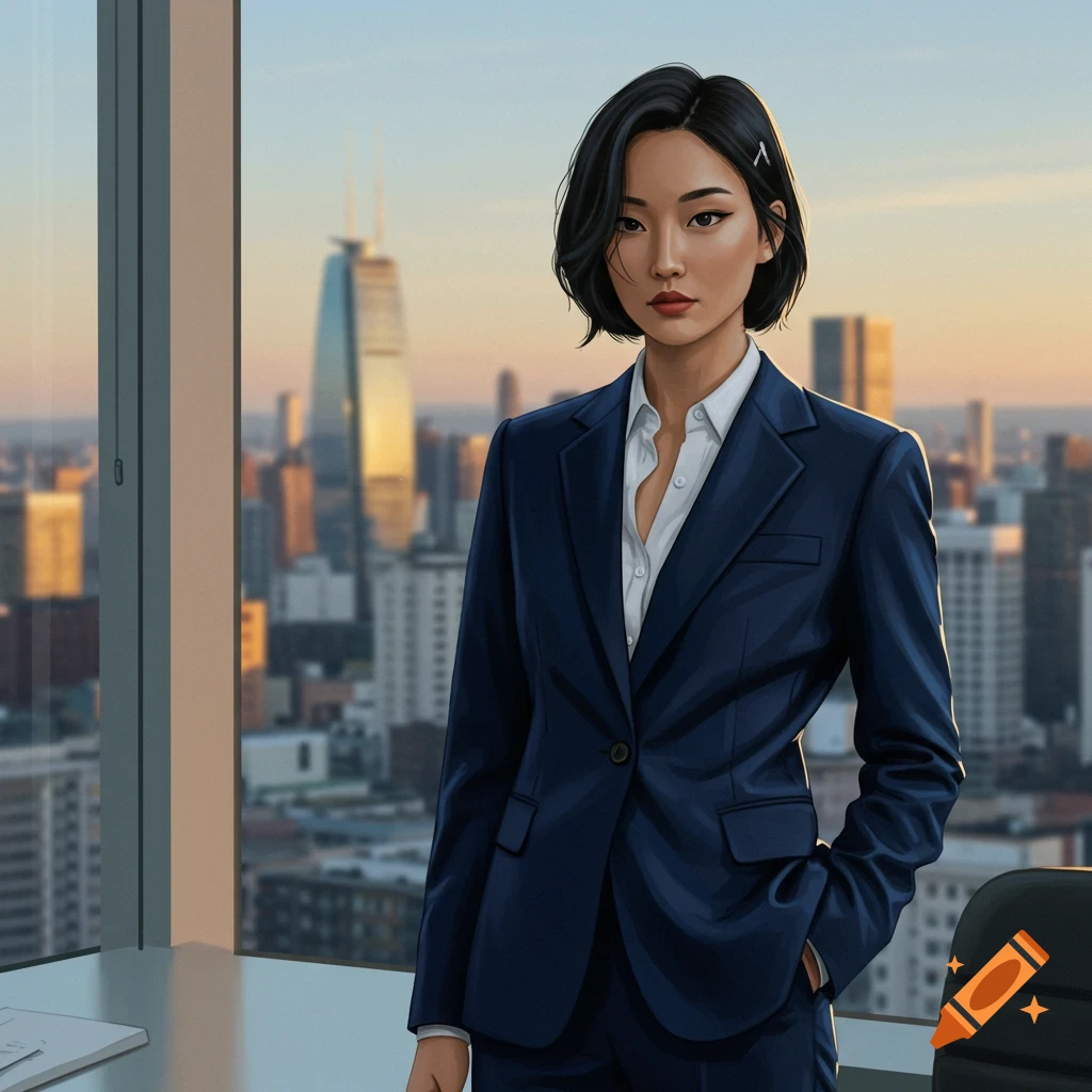 A business woman standing by a window overlooking a city skyline at sunset.