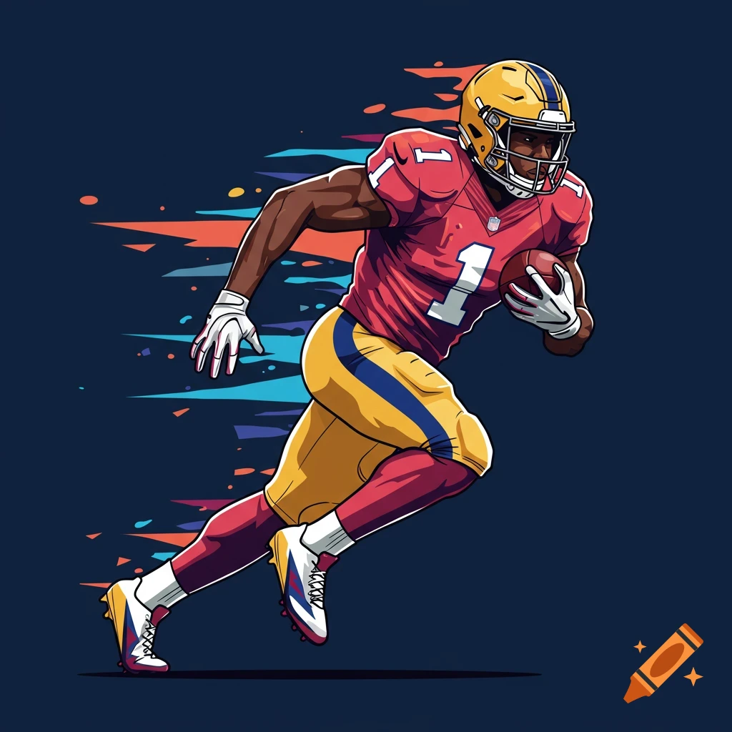Dynamic vector illustration of an American football player running with the ball and the number 1 on his jersey.