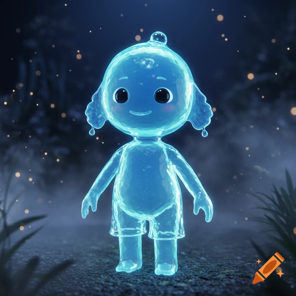 A glowing blue water creature with big eyes stands in a misty enchanted forest at night, in a Pixar 3D style.