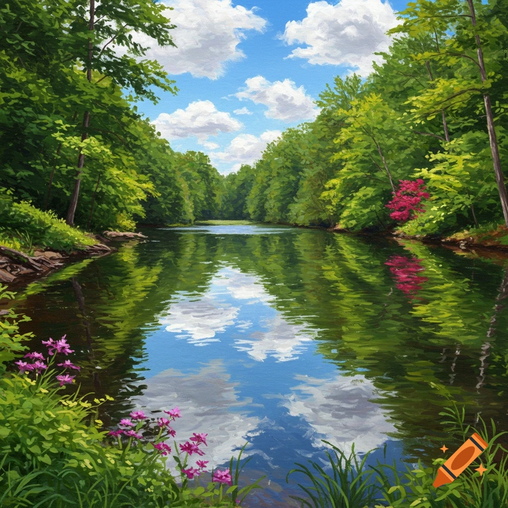 a river flowing through a lush green forest with cloud reflections and pink flowers.