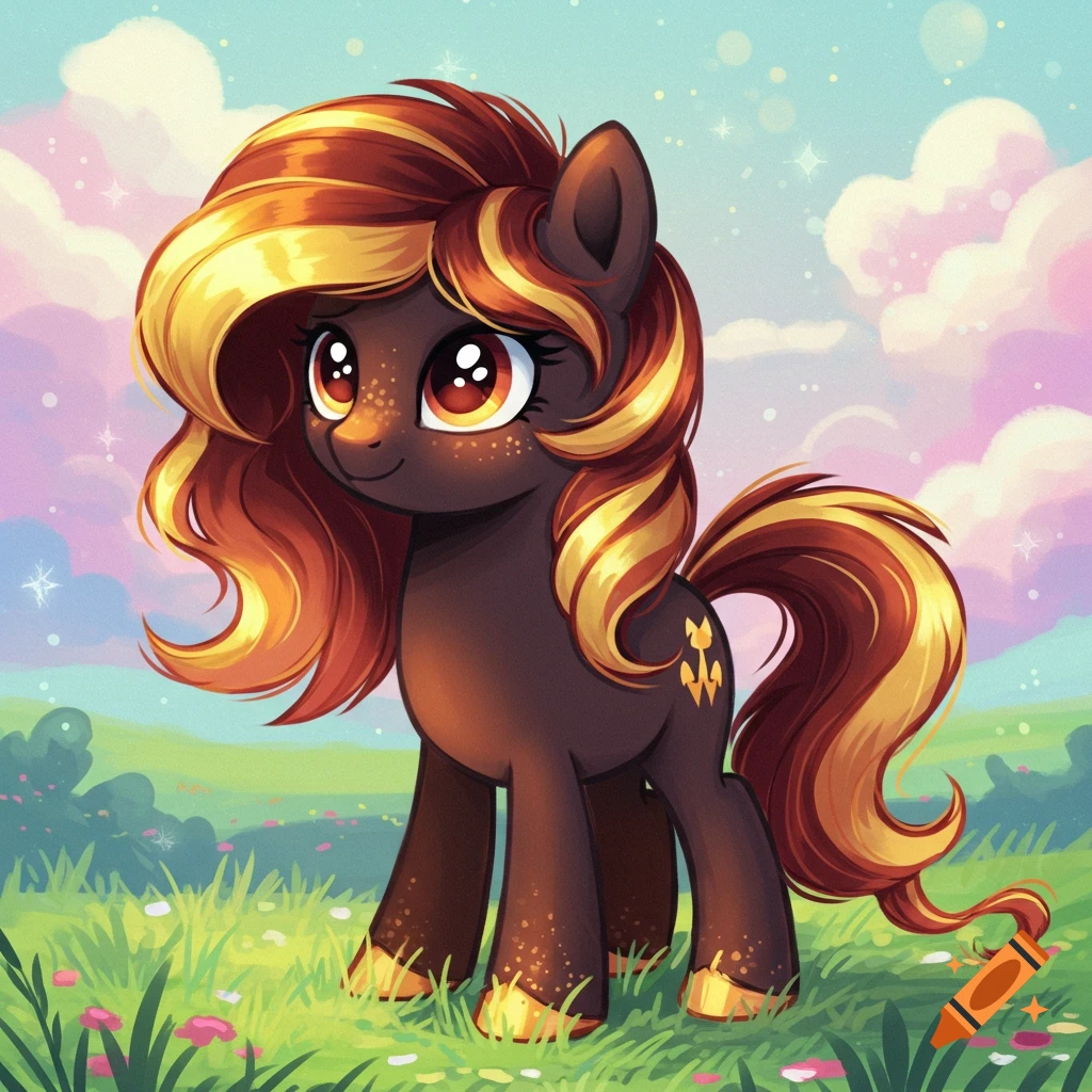 A cute cartoon pony with dark brown fur and a fiery red and gold mane and tail stands in a grassy field under a pastel sky.