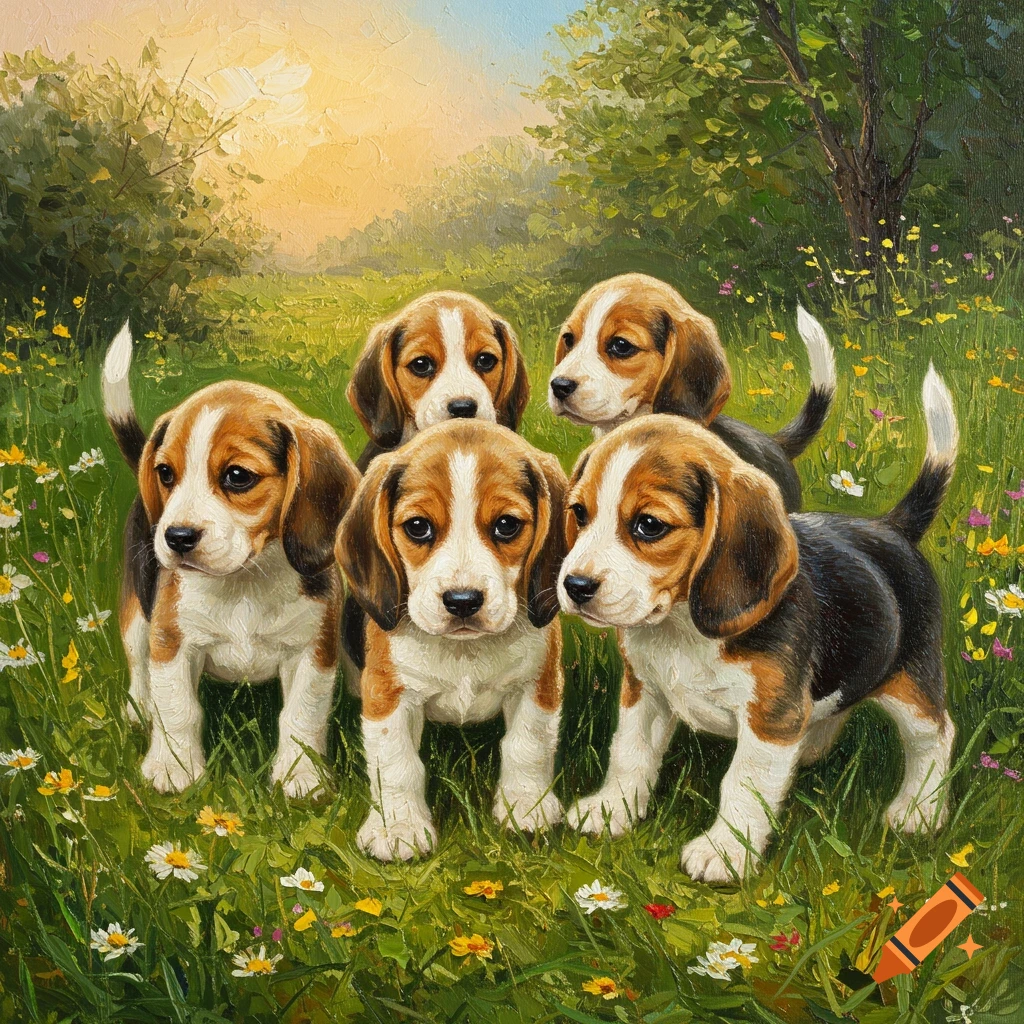 Five beagle puppies in a sunny meadow with wildflowers, oil painting style