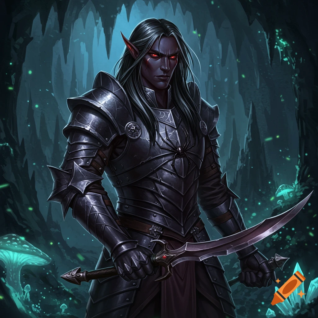 A male drow in dark armor holds two swords in a glowing fantasy cave.