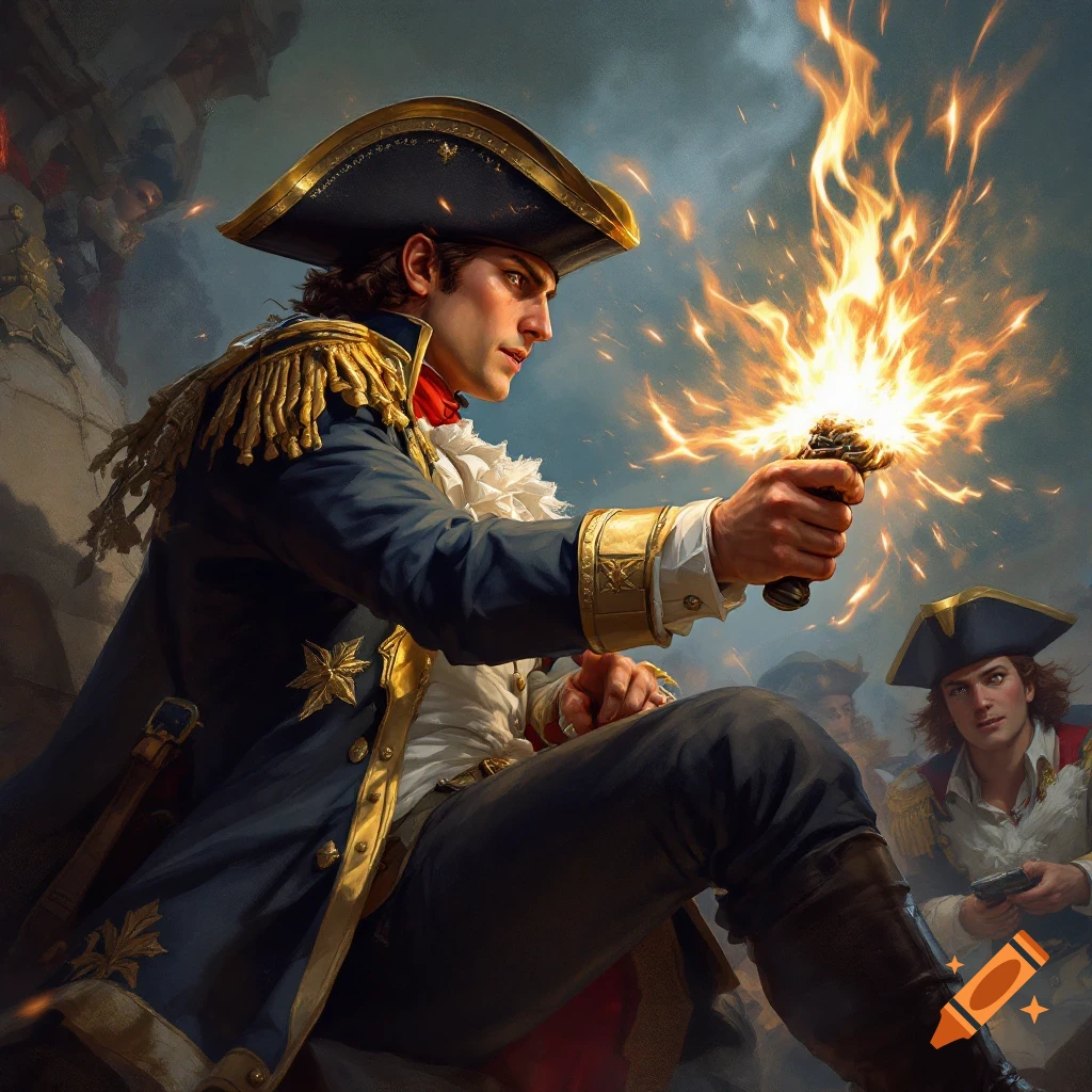 A man in a historical military uniform fires a pistol during a battle.