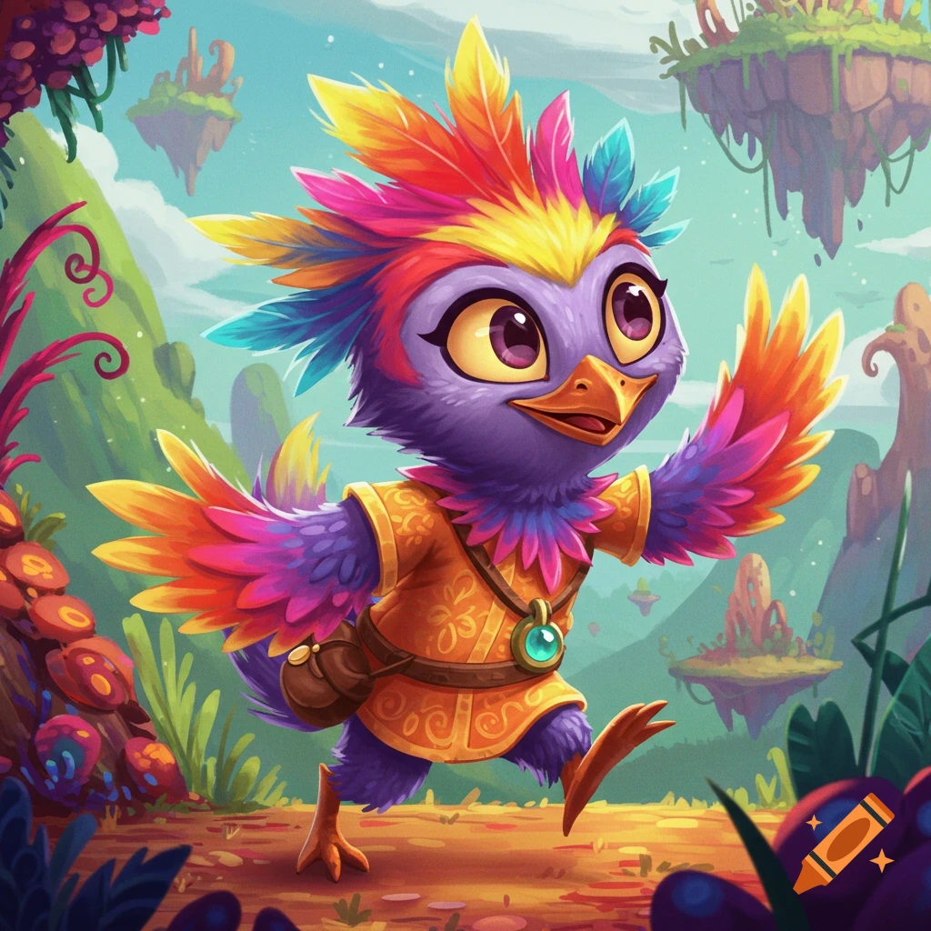A cute, colorful bird character in a fantasy landscape.
