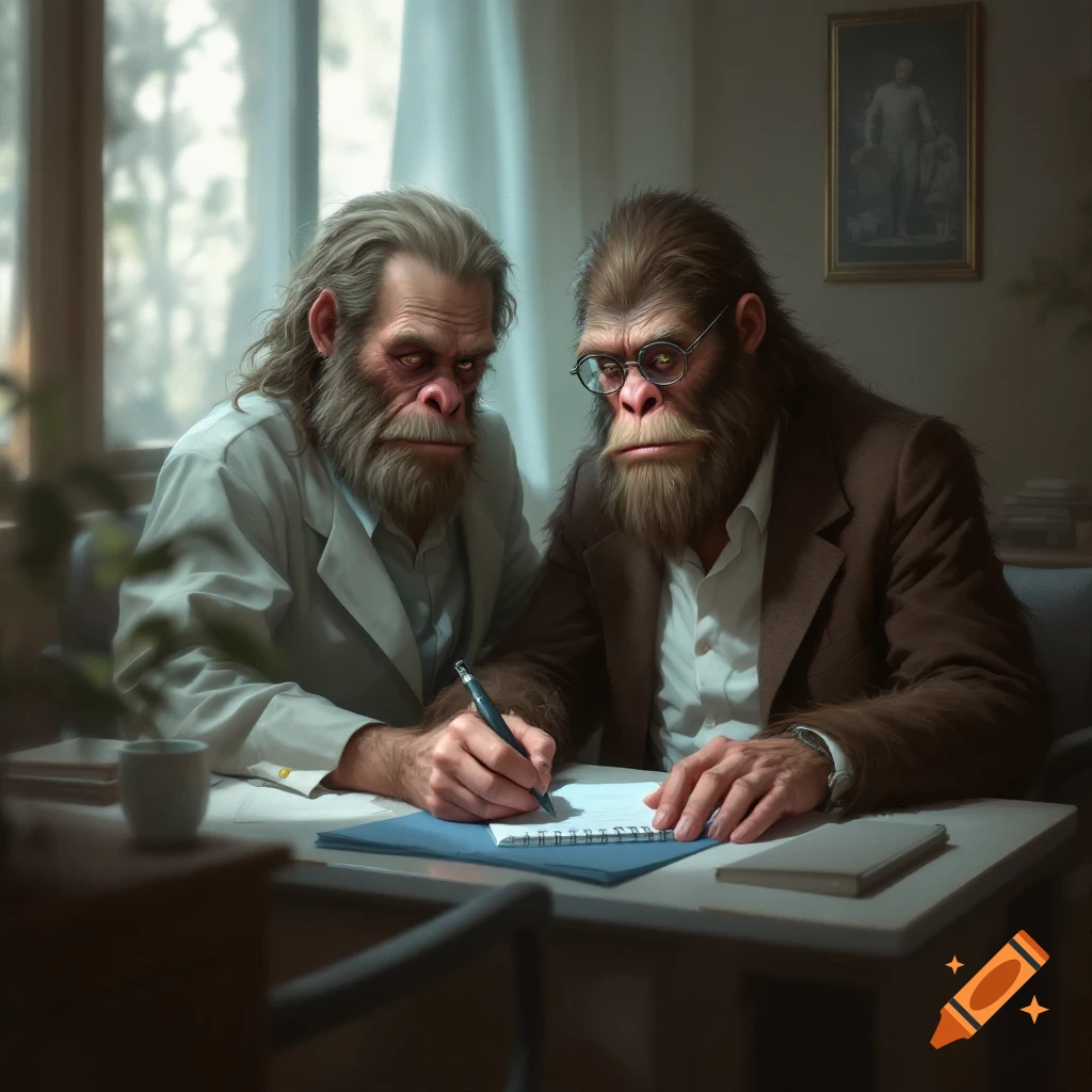 Two sasquatches in an office, one writing on a notepad while the other looks on.