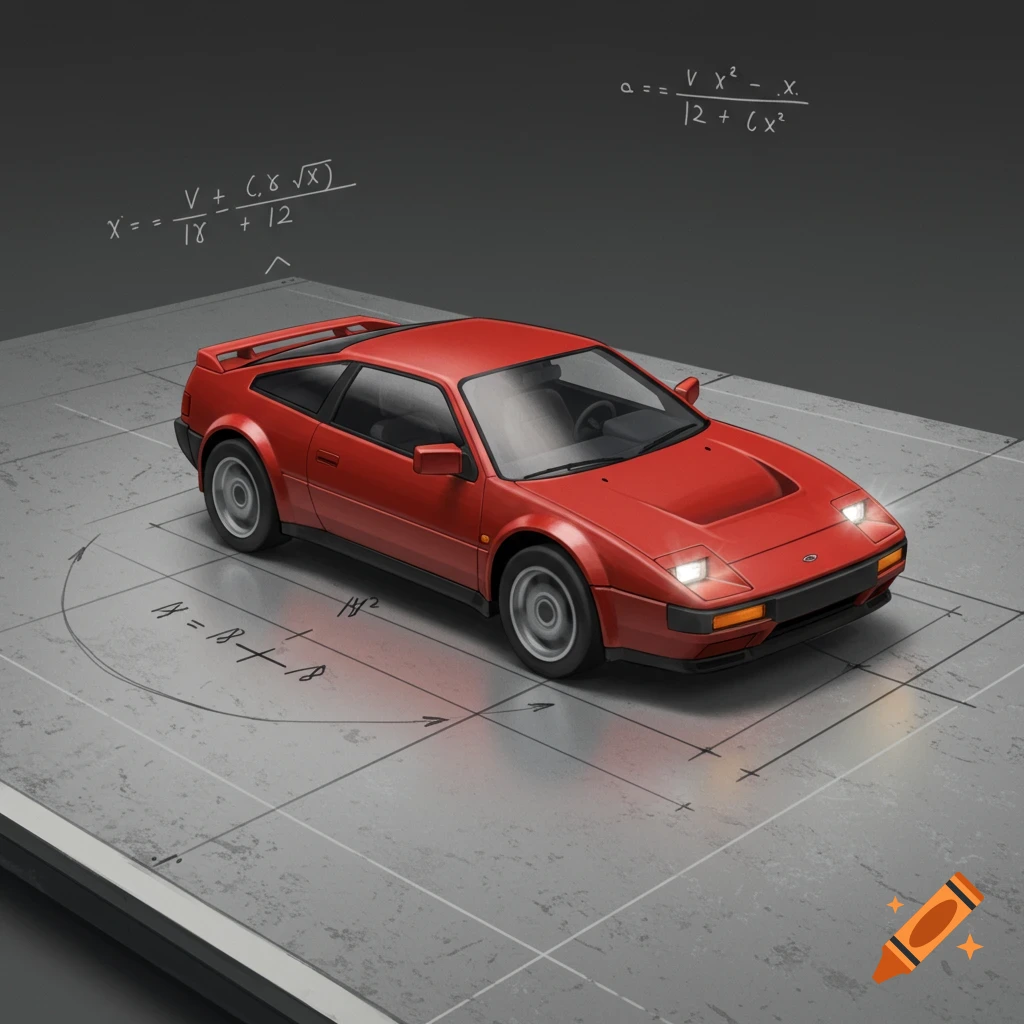 A red sports car sits on a surface with physics equations and diagrams drawn on it.