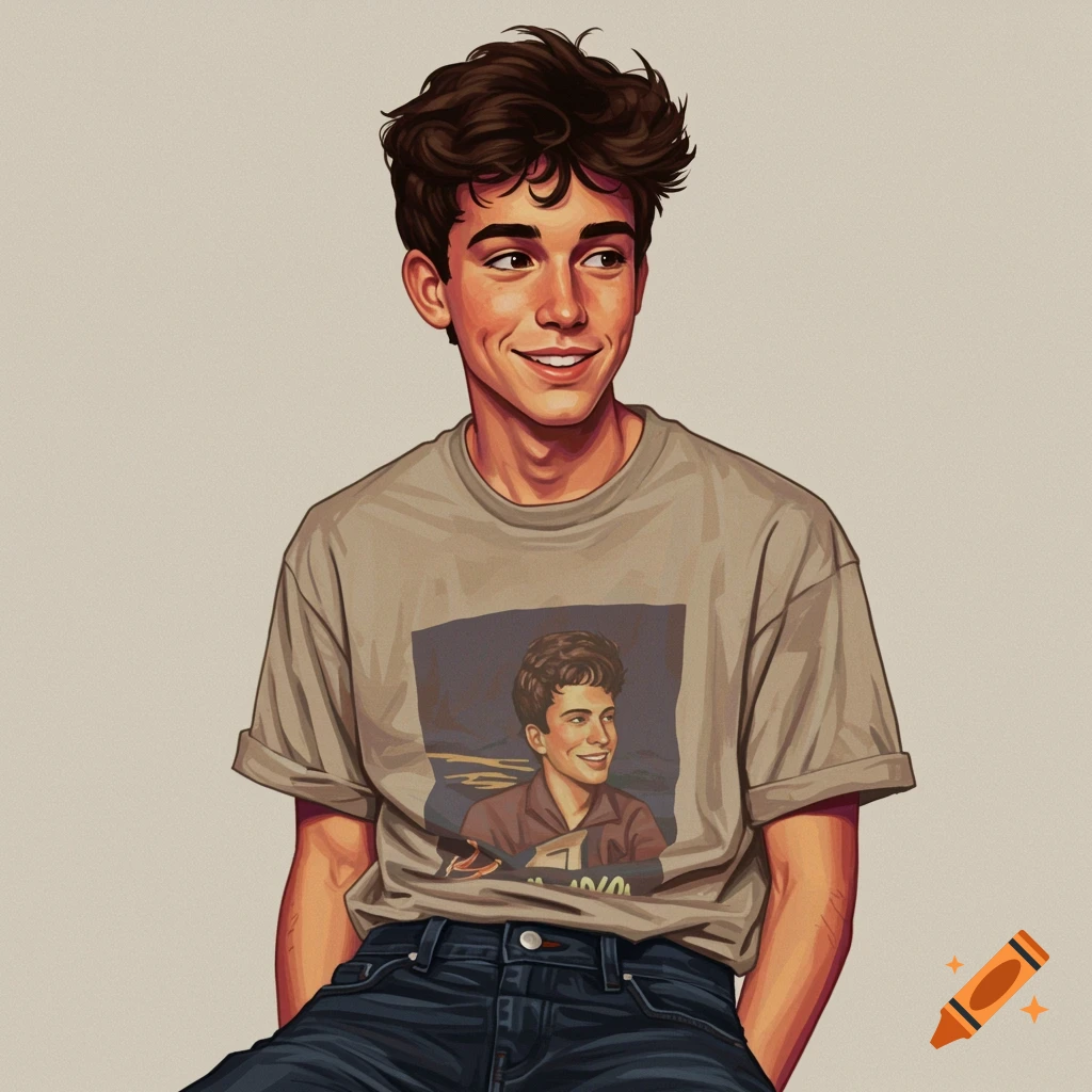 A young man with dark curly hair, wearing a graphic t-shirt and jeans, is smiling and looking left.