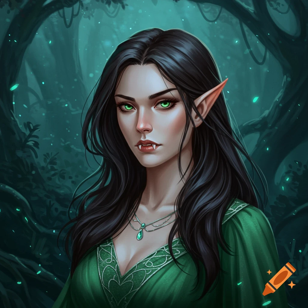 Portrait of a fantasy woman with green eyes, fangs, and pointed ears in a forest.