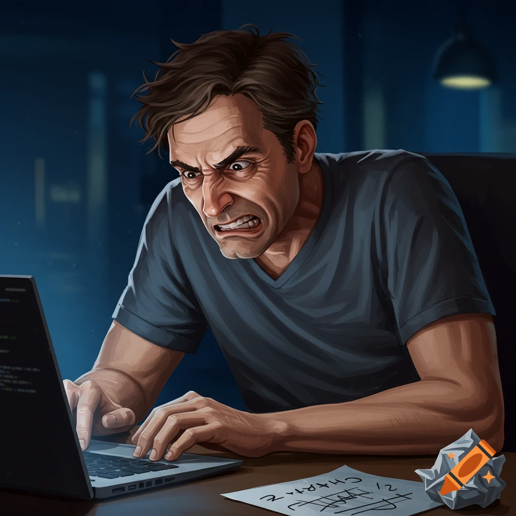 A frustrated man typing on a laptop at a desk.
