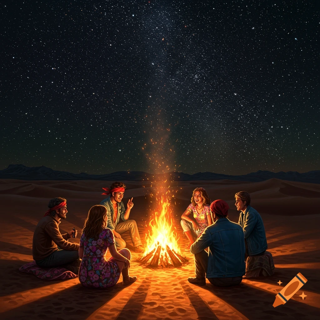 A group of friends sits around a bright bonfire in the desert under a starry night sky.