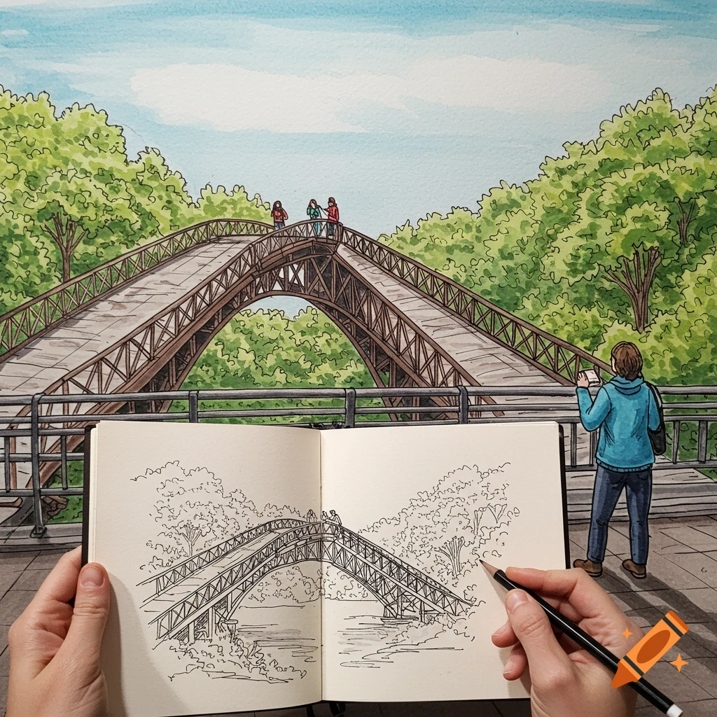 An illustration shows a person drawing a bridge scene in a sketchbook while looking at the actual colorful bridge in the background.