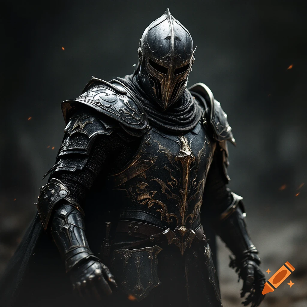A dark fantasy knight in ornate black armor and helmet stands in a desolate area.