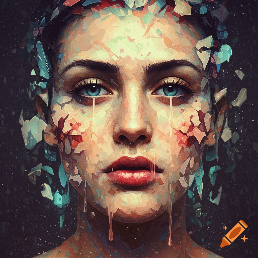 Close-up abstract of a woman's fragmented face with drips.