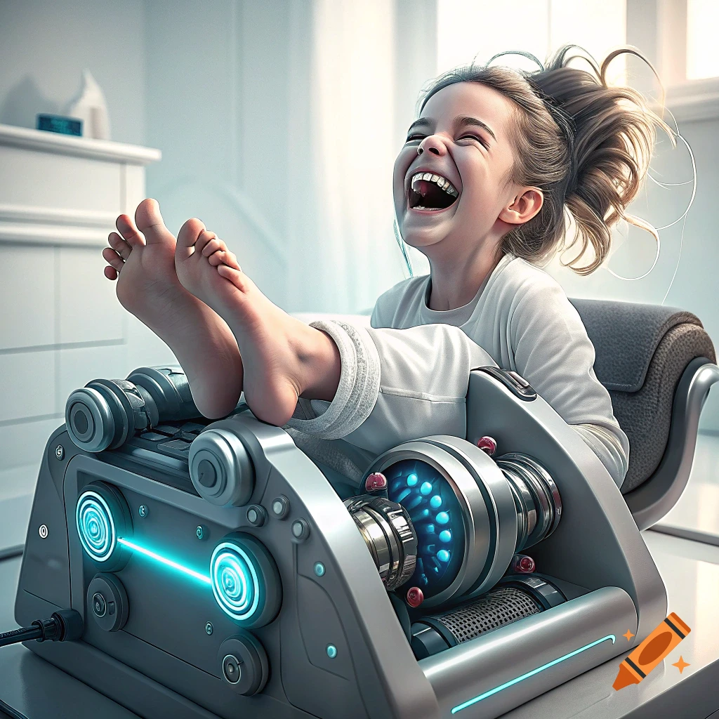 Young girl laughs joyfully as futuristic machine tickles her feet.