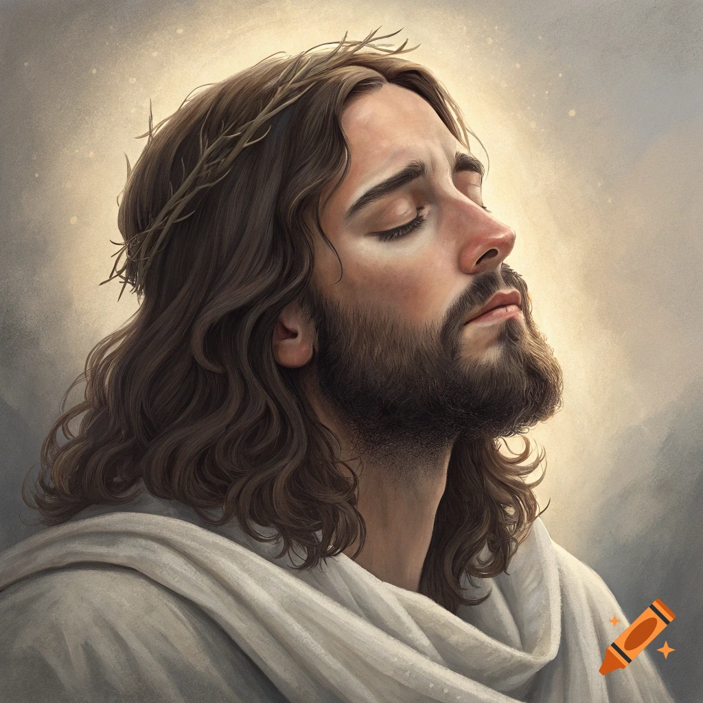 Close-up painting of Jesus with eyes closed, wearing a crown of thorns, looking upwards.