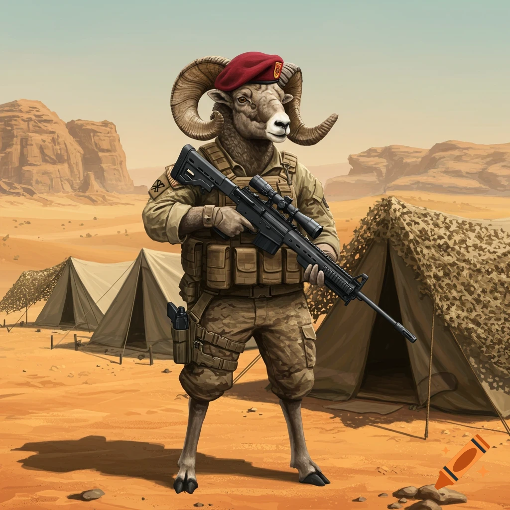 A ram in military uniform holding a sniper rifle in a desert camp.