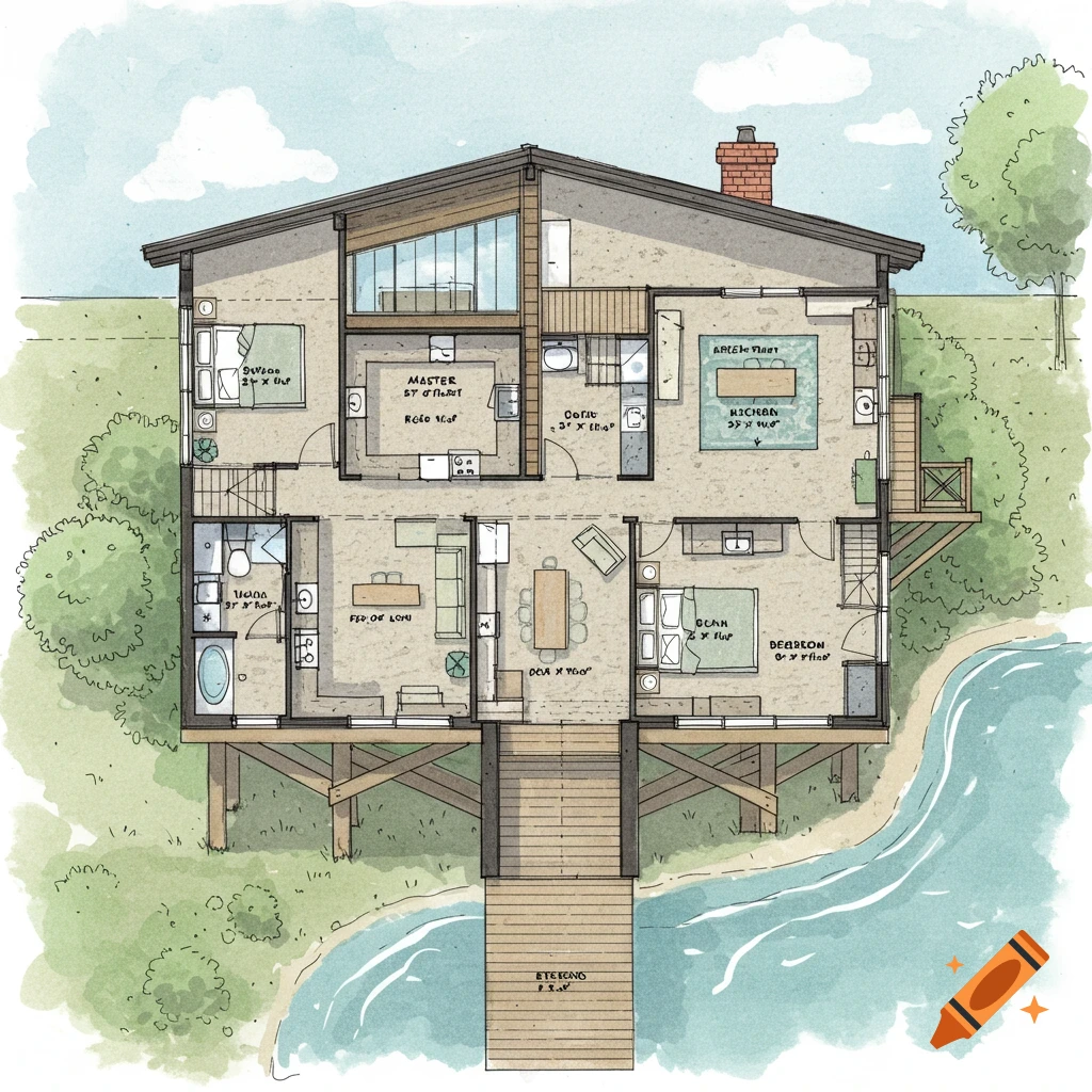 Watercolor sketch of a house floor plan on pilings by the water. Includes room labels and dimensions.