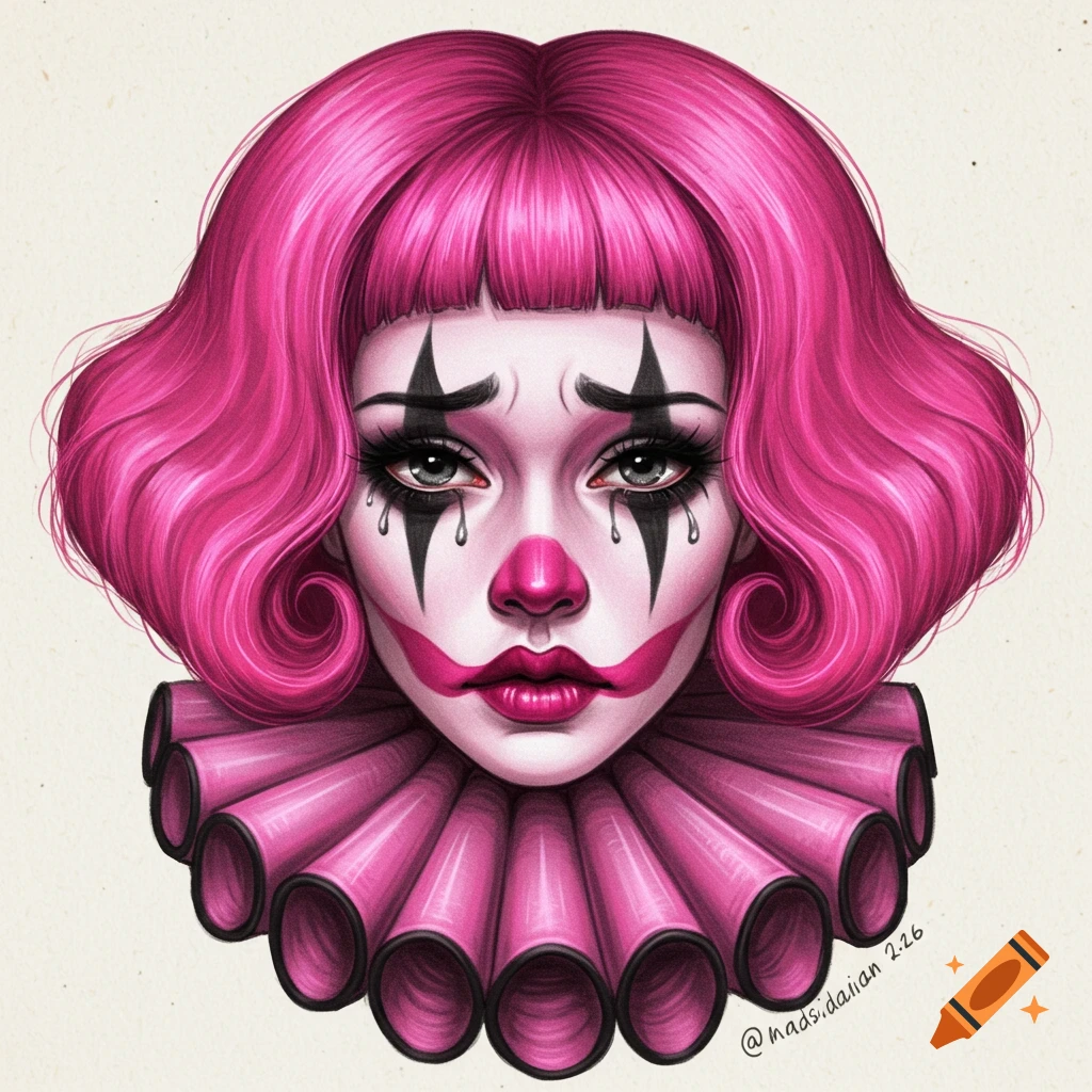 Drawing of a sad clown with pink hair and a pink ruff.