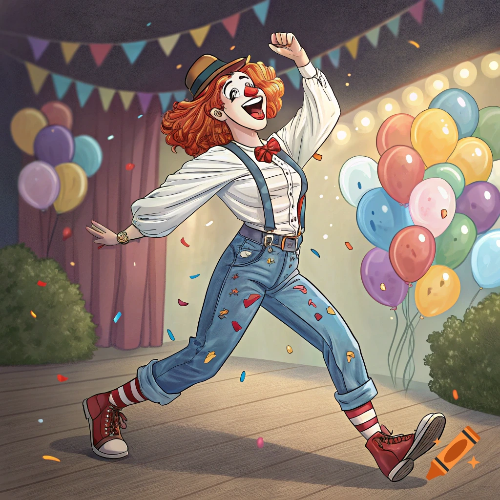 Cartoon illustration of a happy clown character dancing on a stage with balloons and confetti.