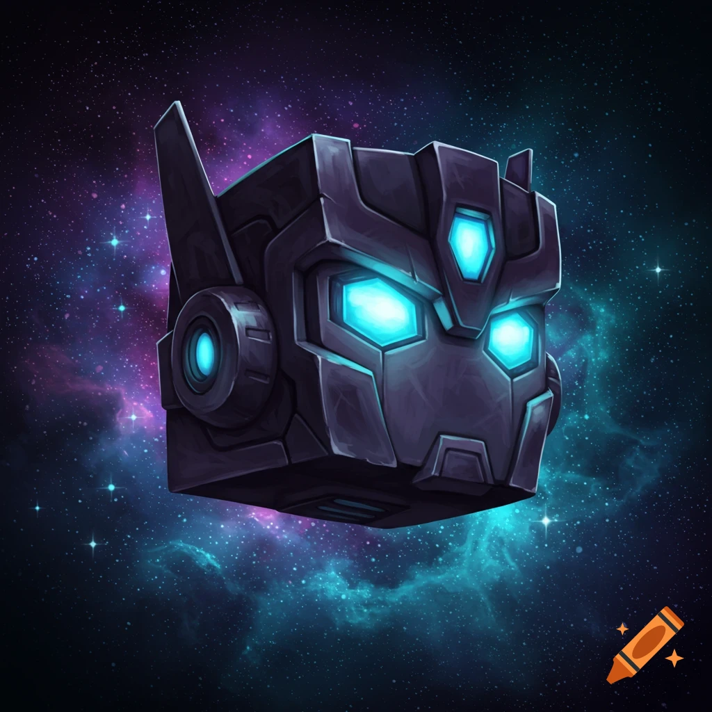 A cube robot head with glowing blue eyes floating in space.